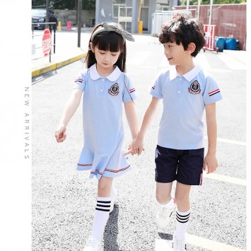 韩版小学生蓝色简洁短袖男女校服
